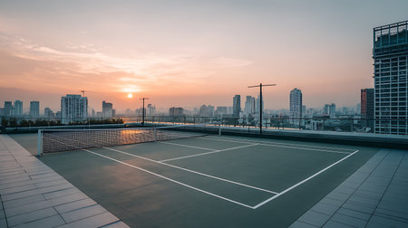 Empty tennis court and city skyline at sunset in Shenzhen,China.の写真素材
