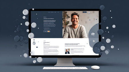 Responsive web design concept. Man looking at computer screen.の写真素材