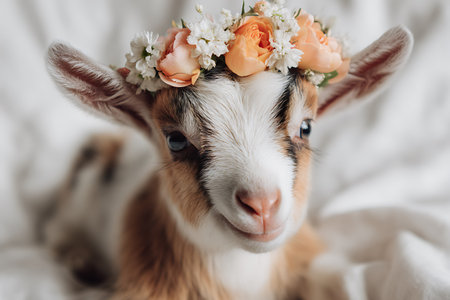 Cute little goat with a wreath of flowers on her headの写真素材