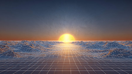 3d render of abstract landscape with sun at sunsetの写真素材