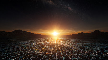 Futuristic landscape with glowing grid and mountains. 3d renderingの写真素材
