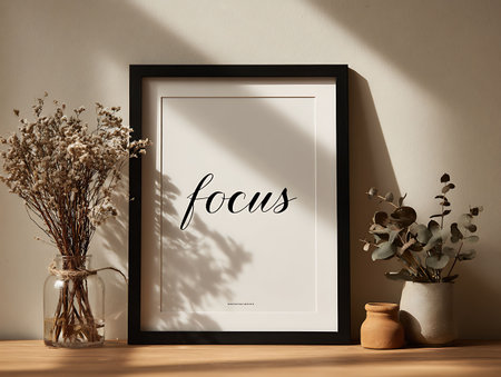 Frame mockup with eucalyptus branches in vase on wooden tableの写真素材