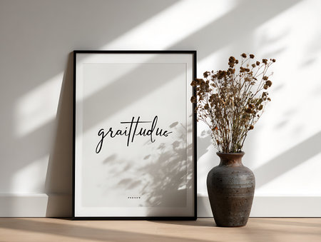 Mock up poster frame with dried flowers in vase. 3D renderingの写真素材