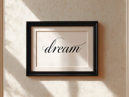 Black frame on the wall with text dream. Mockup for designの写真素材