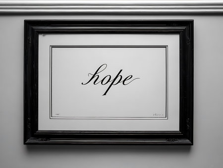Black and white photo frame on the wall with the word hope.の写真素材