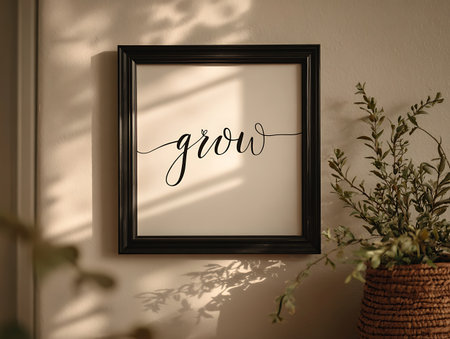 Black frame mockup with text on the wall and plant in the potの写真素材