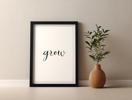 Black frame mockup with plant in a vase on the floorの写真素材