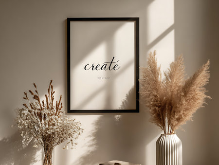 Mock up poster frame in interior background, Scandinavian style, 3d renderの写真素材