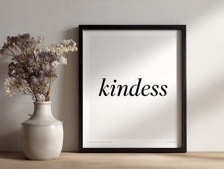 Mock up poster frame, white vase with dried flowers on wooden table.の写真素材