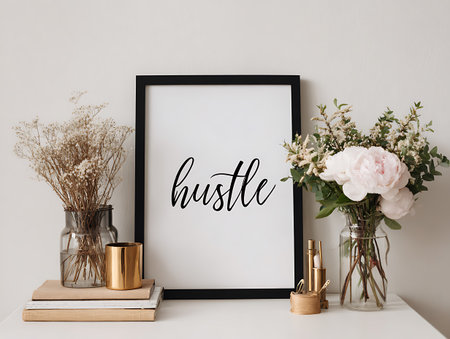 Black frame mockup with flowers in vase on white table.の写真素材