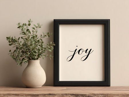 Black frame mockup with eucalyptus in vase on wooden tableの写真素材
