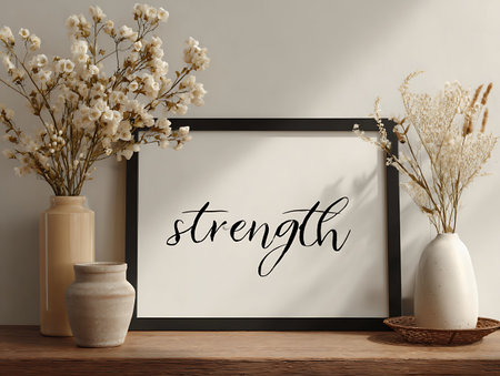 Frame mockup with white gypsophila flowers in vase on wooden tableの写真素材