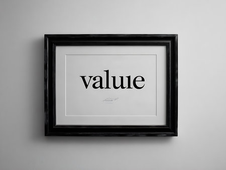 Black picture frame on white wall background with word VALUE. Top view.の写真素材