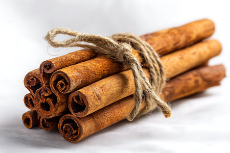 Cinnamon sticks tied with a rope on a white background, close upの写真素材