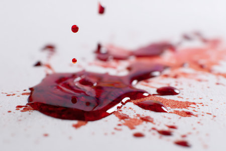 Blood splatter on white background. Shallow depth of field.の写真素材