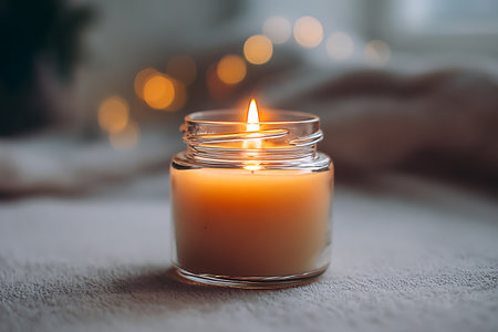 Burning candle in a glass jar on the background of the Christmas treeの写真素材