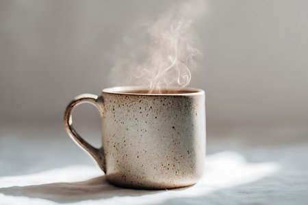 Cup of coffee with steam on the table in the morning.の写真素材