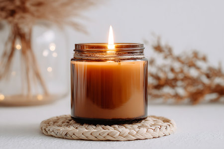 Burning candle in glass jar on light background, space for textの写真素材
