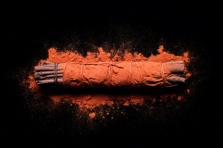 Cinnamon sticks wrapped in string with cinnamon powder on black background. Top viewの写真素材