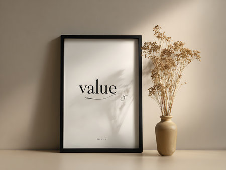 Black frame mockup with dried flowers in vase on beige backgroundの写真素材