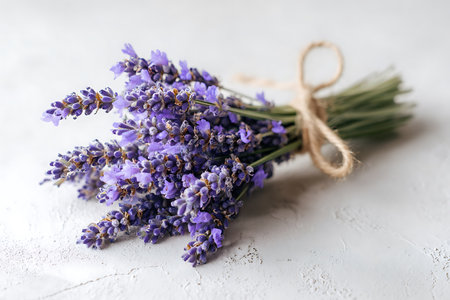 Bouquet of lavender flowers on a light background, selective focusの写真素材