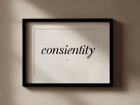 Black frame on the wall with the word consistency written in it.の写真素材