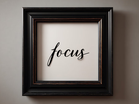 Wooden frame with the word 'focus' on a gray wallの写真素材