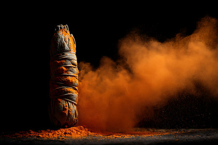 Punching bag on a black background with orange powder and smokeの写真素材