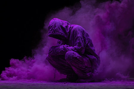 Man in a protective suit and hood sitting on the ground covered with purple smokeの写真素材