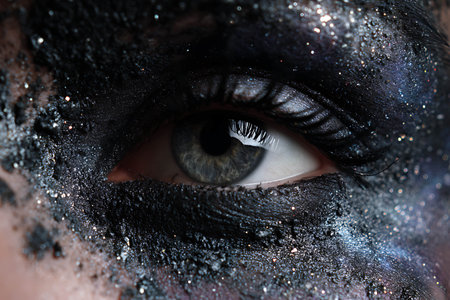 Close up of beautiful woman's eye with black paint on her face.の写真素材