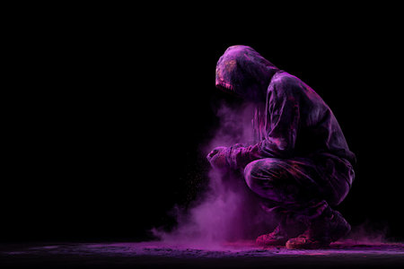 Hooded man in a hoodie sitting on the floor with colored powder in his handsの写真素材