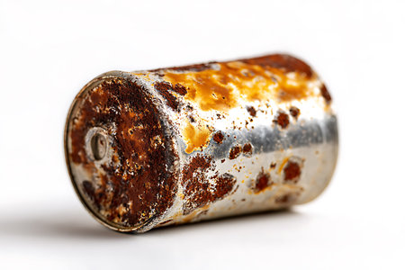 Old rusty tin can isolated on a white background. Close-up.の写真素材
