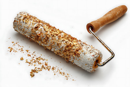 Paint roller with golden paint on white background. 3d illustrationの写真素材