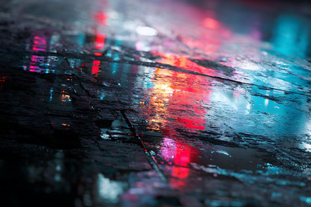 Raindrops on the wet pavement in the city at night. Shallow depth of fieldの写真素材