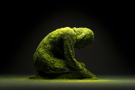 Green moss on a human body, 3d render, black backgroundの写真素材