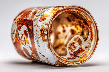 Close up of an old rusty tin can on a white background.の写真素材