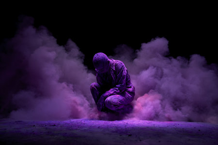 Man in purple raincoat sitting on the ground covered with purple smokeの写真素材