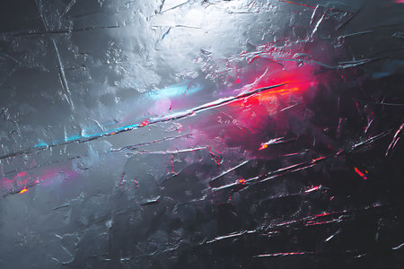 Broken glass with red and blue neon light. Abstract background.の写真素材