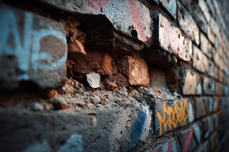 Old brick wall with graffiti. Grunge background. Selective focus.の写真素材