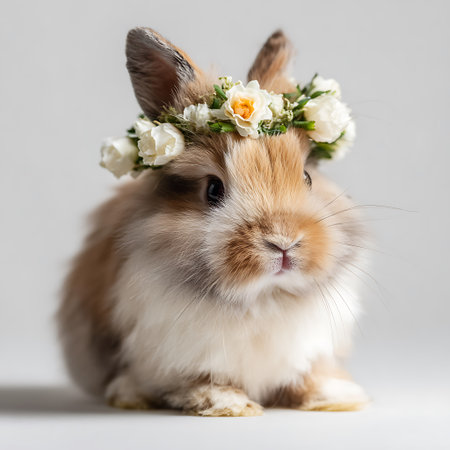 Rabbit wearing a wreath of flowers on a white background.の写真素材
