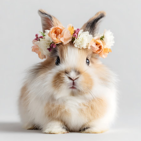 Rabbit with a wreath of flowers on a white background.の写真素材