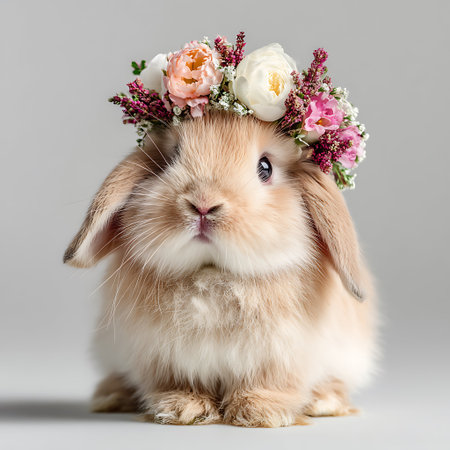 Adorable Lop-eared rabbit with a flower wreath on grey backgroundの写真素材