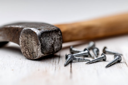 Hammer and nails on a white wooden background. Close-up.の写真素材