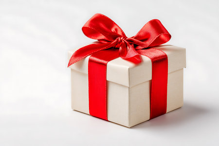 Gift box with red ribbon on a white background. Isolatedの写真素材