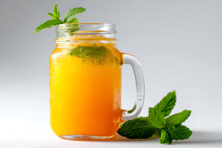 Mason jar of orange juice with mint leaves on a white backgroundの写真素材