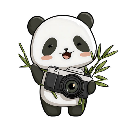 Cute panda with a camera. Vector illustration on white background.の写真素材