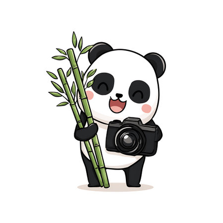 Cute panda holding bamboo and taking photo. Vector illustration.の写真素材