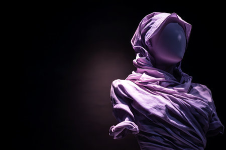Silhouette of a woman in a purple scarf on a black backgroundの写真素材