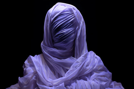 Muslim woman wearing a purple veil on a black background, studio shotの写真素材