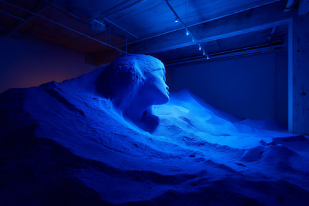 Sculpture of the head of a man in a blue lightの写真素材